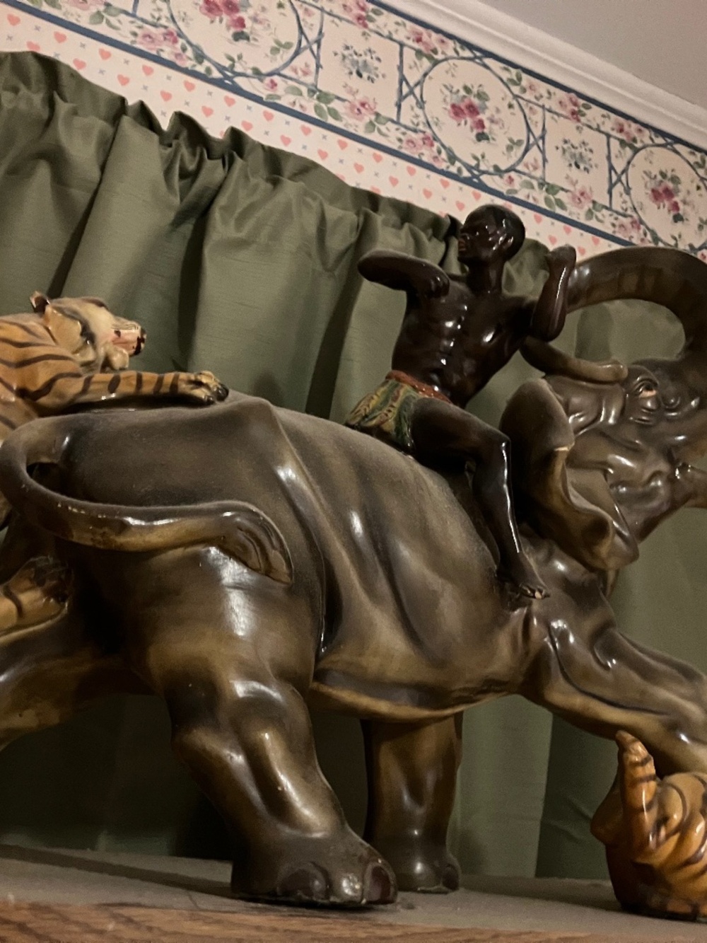 Large Vintage African Warrior+Elephant+Tiger ceramic glass sculpture statue
